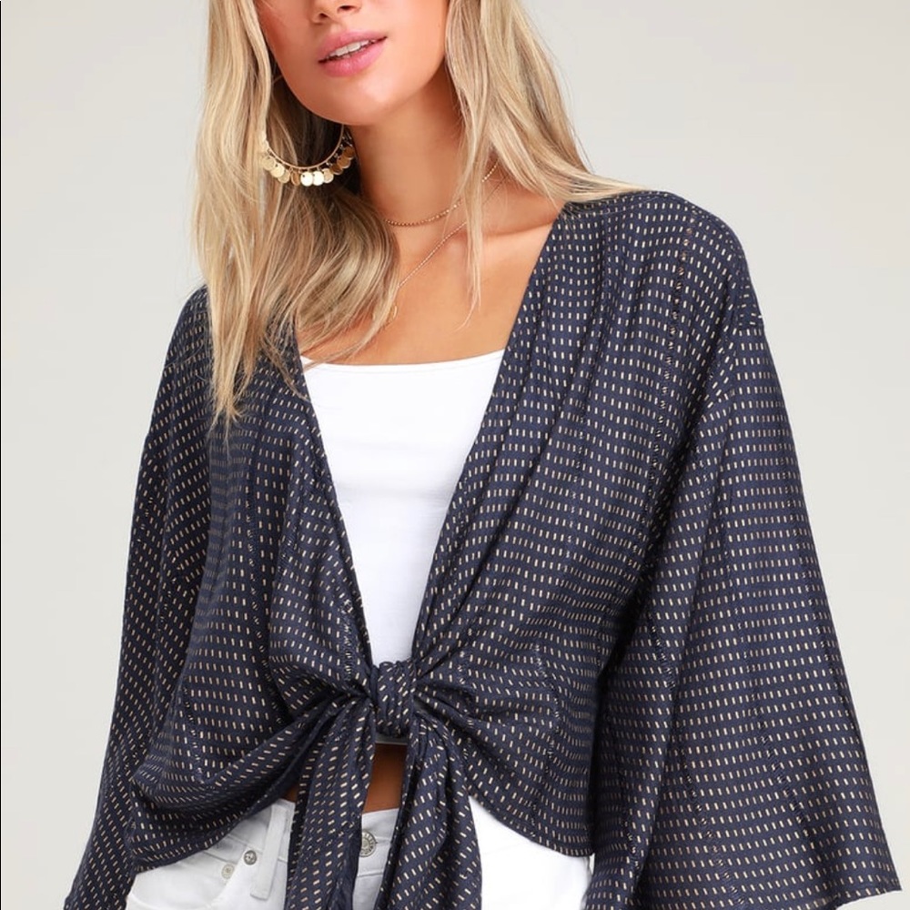 Undeniable Navy Blue and Gold Print Tie-Front Top